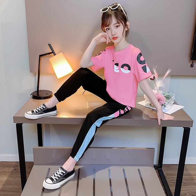 乌鹿女童套装夏装薄款儿童t恤九分休闲裤两件套中大童10小女孩衣服314