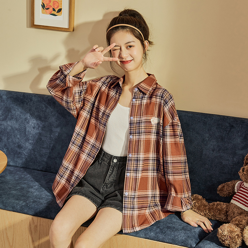 25折价89元唐狮新款春款新时尚格子衬衫女韩版长袖衬衣设计感小众上衣