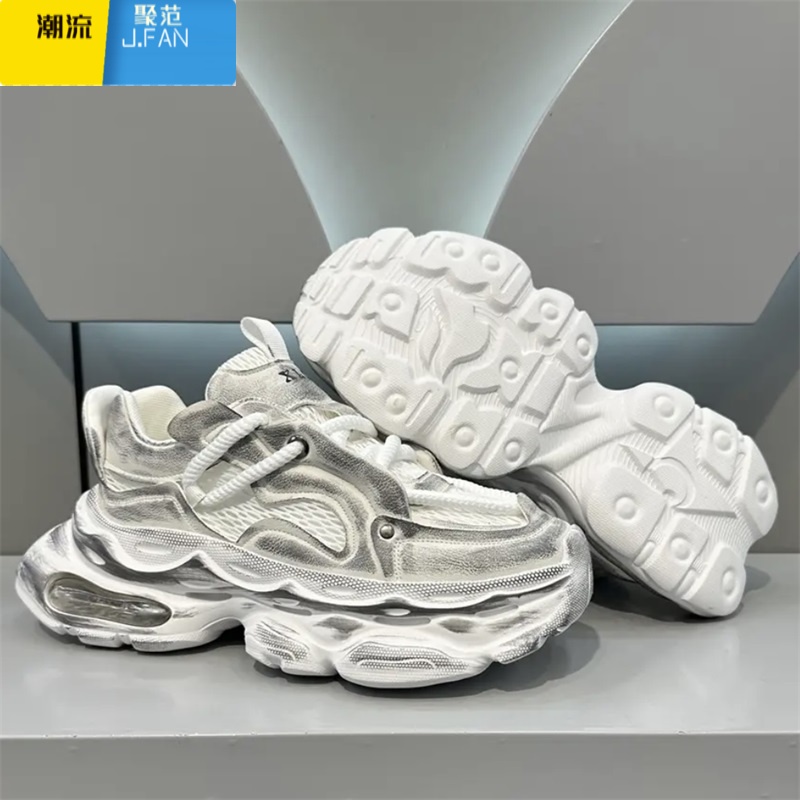 聚范欧洲站男鞋夏季透气潮流做旧老爹鞋厚底增高跑步休闲运动小白潮鞋 白色 40