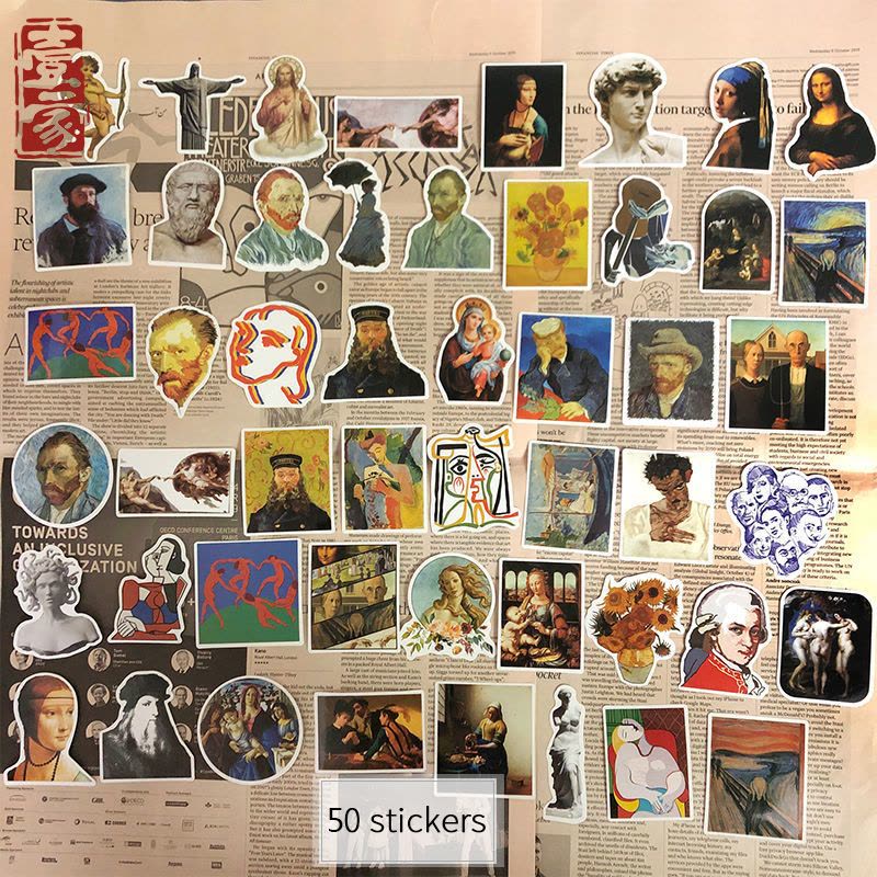 艺术家画作梵高复古涂鸦行李箱笔记本电脑贴纸手机防水贴画图片