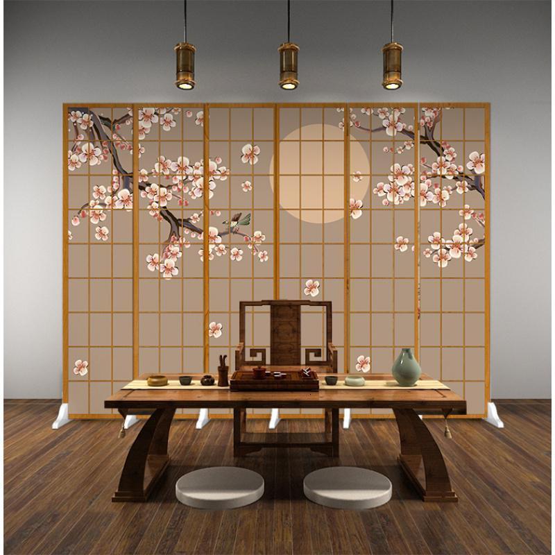 森美人日式仿木纹格子屏风隔断客厅现代简约双面移动布艺时尚可折叠折屏 粉红色6扇防透宽2.4米