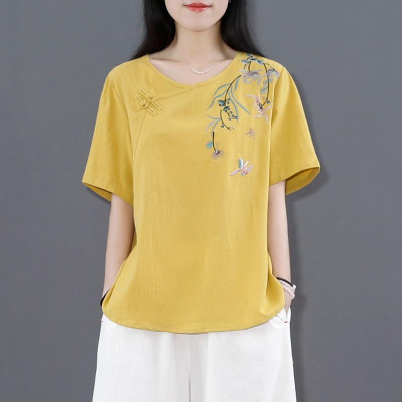 文艺复古棉麻t恤衫女宽松中式禅茶服盘扣短款上衣夏季中国风女装 白色 M