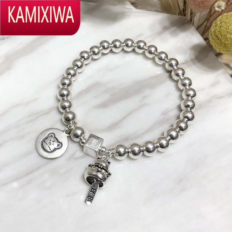 KAMIXIWA990足银十二生肖本命年虎猫银手链复古可爱气质珠子手串礼物