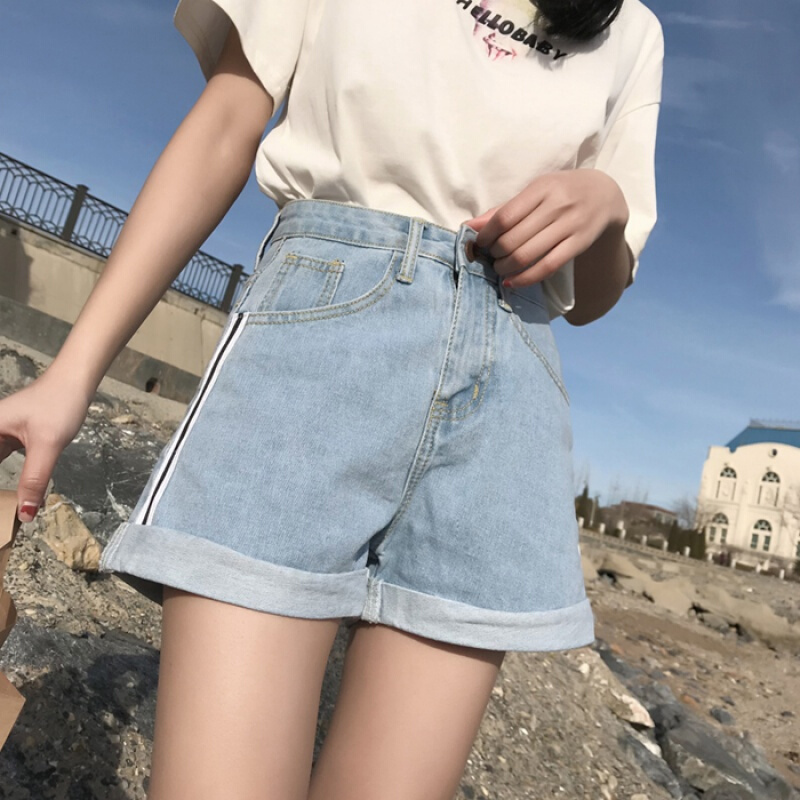 夏装女装新款韩版百搭撞色条纹阔腿裤短裤高腰卷边牛仔裤学生浅蓝色