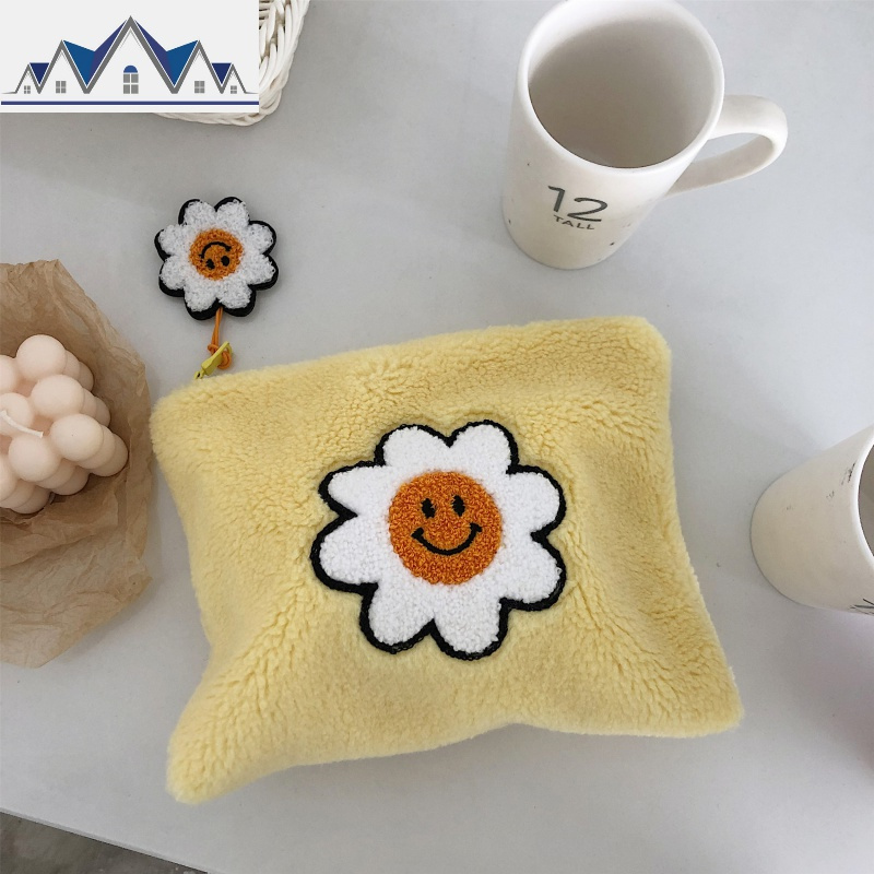 韩国ins色太阳花羊羔毛柔软化妆包女拉链手包毛茸可爱收纳包 三维工匠