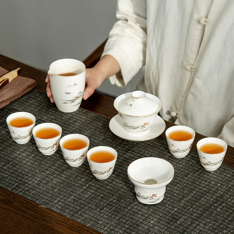 金镶玉 功夫茶具套装 中国白·羊脂玉瓷家用陶瓷山水白瓷三才盖碗公道杯茶杯送礼礼盒装 山水白瓷描金茶具