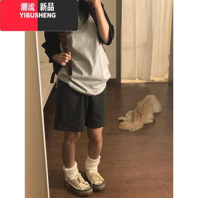YIBUSHENG美式五分运动短裤女季2024新款休闲宽松bf慵懒直筒半截中裤高清大图
