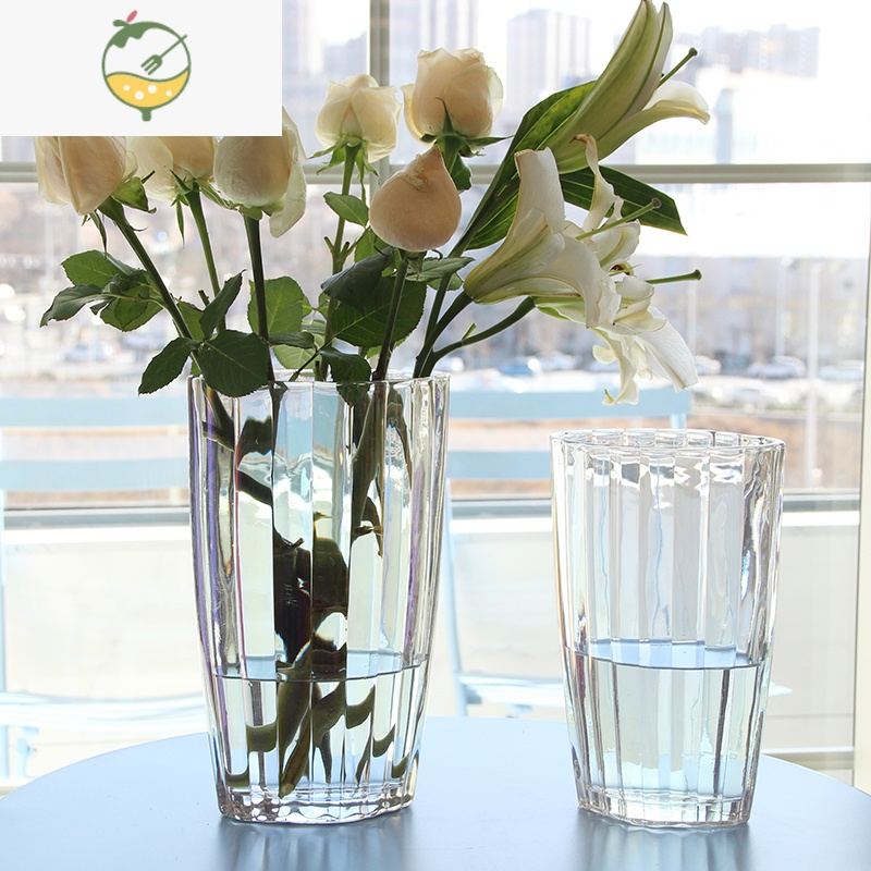 YICHENG北欧玻璃花瓶透明创意客厅插花玫瑰百合花向日葵家用装饰花器摆件 2022竖纹款小号(七彩)