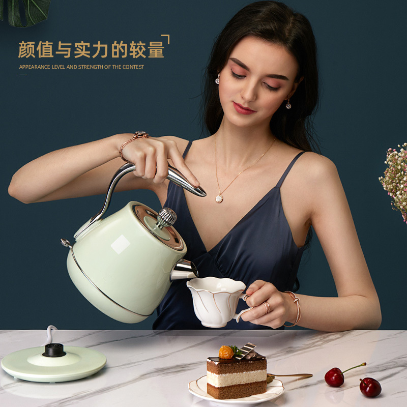 奥林格ALG-P11欧式电热水壶304食品级不锈钢家用烧水壶 防干烧 自动断电 开水壶 淡雅绿1.5L