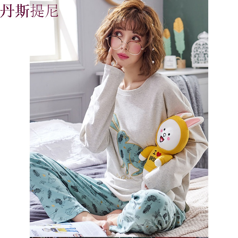 睡衣女秋纯棉长袖韩版可爱学生两件套大码可外穿家居服套装秋冬季