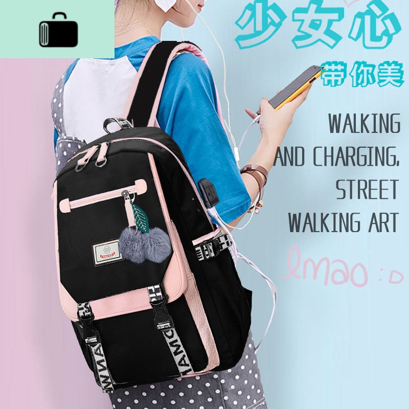 初中生书包女ins风韩版高中大学生潮牌双肩包2020新款时尚大背包NEW LAKE 328黑色配粉皮送毛球