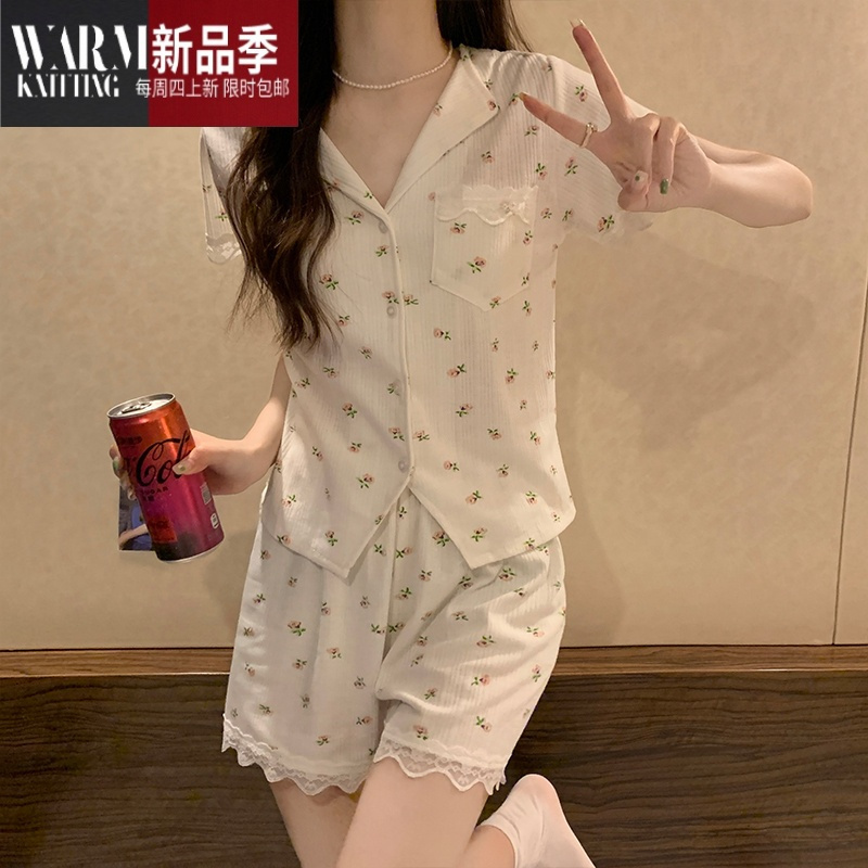 SHANCHAO夏季睡衣女夏款2022年新款网红风夏天女士粉花翻领套装家居服