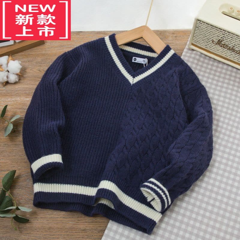 可莉允儿童毛衣男童男孩秋冬季新款中大童洋气百搭v领拼麻花保暖加厚潮图片