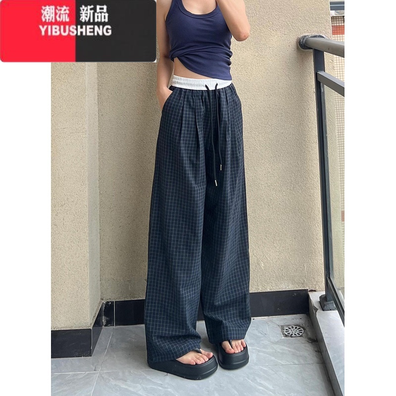 YIBUSHENG国潮牌拼色格子高腰休闲裤女季宽松阔腿原宿风休闲百搭直筒长裤高清大图