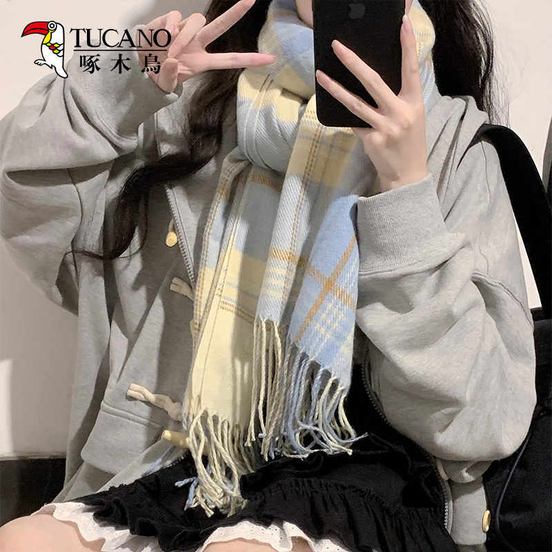 啄木鸟围巾女冬季高级感格子披肩保暖韩系氛围感学生披肩百搭围披高清大图