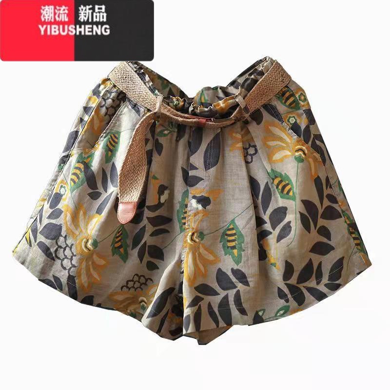 YIBUSHENG棉麻短裤女2024季新款大码休闲裤韩版高腰松紧印花阔腿哈伦裤高清大图