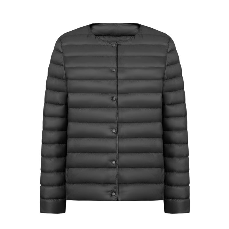 女式新款90绒纯色女装圆领V领简约长袖羽绒服外套 黑色 XXL