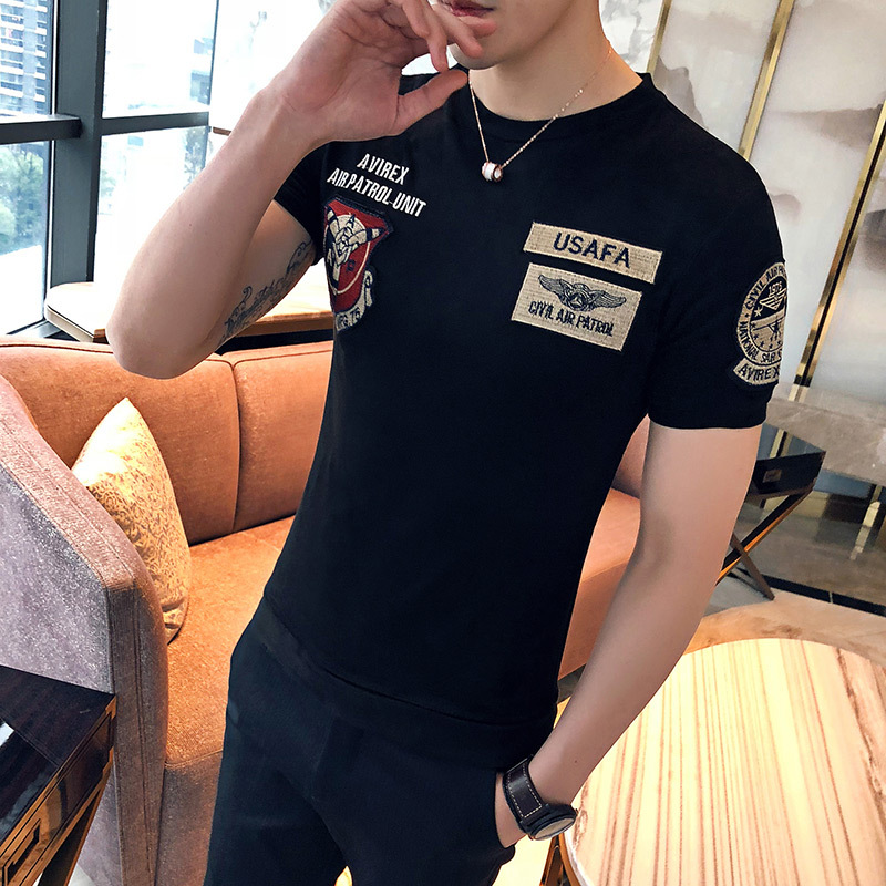 2018春夏新品男款鹿皮绒店主风短袖字母贴布款T恤青年韩版修身T恤