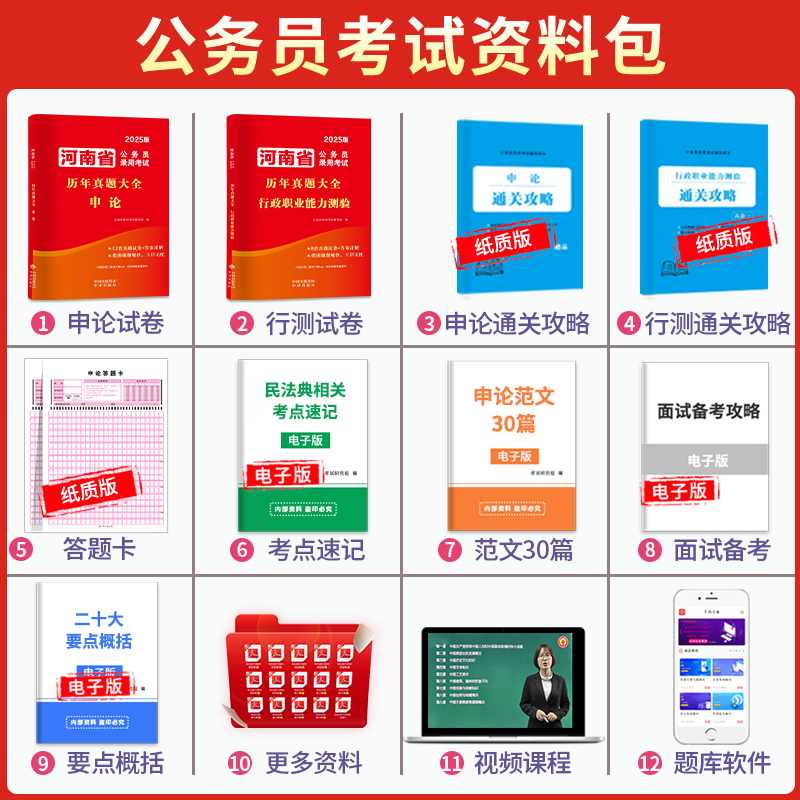 河南公务员[行测8套+申论12套]真题+16张答题纸 [正版]2025年河南省考历年真题试卷行测申论历年真题试卷河南省公高清大图