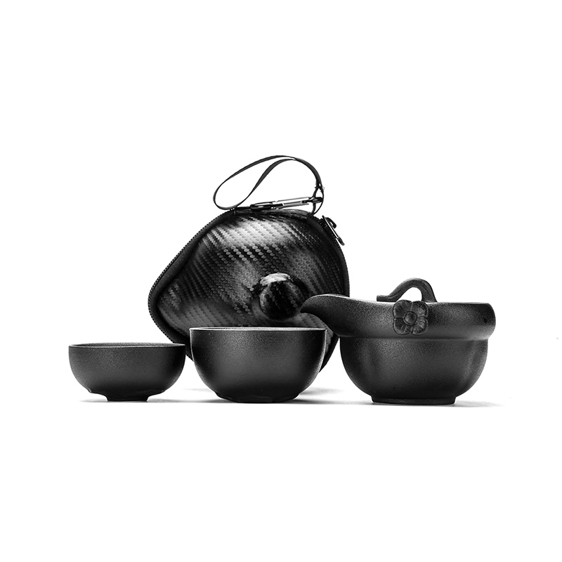 領藝 黑陶旅行茶具套装家用简约功夫陶瓷泡茶器家用便携式快客杯一壶两杯 梅映雪