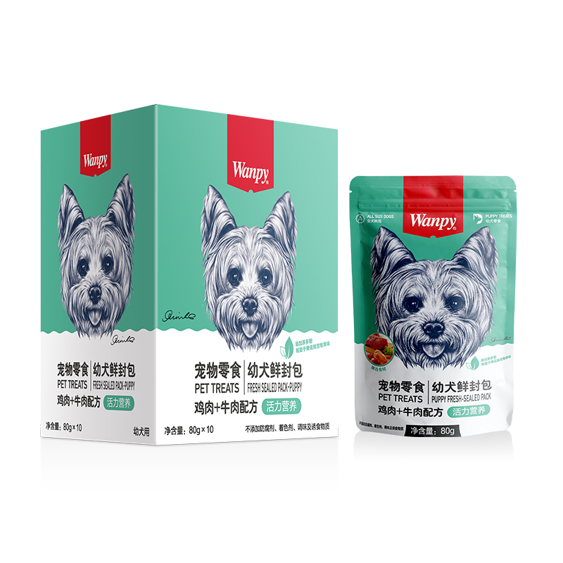 顽皮Wanpy宠物零食幼犬(活力营养)鲜封包鸡肉+牛肉配方80g*10