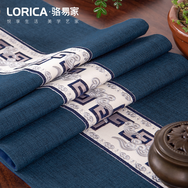 家柏饰(CORATED)新中式桌旗禅意刺绣棉麻茶旗餐桌垫长条桌布艺现代简约电视柜盖巾 云中君-蓝色 定制专拍高清大图