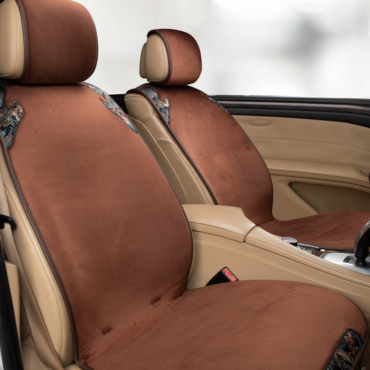 四季通用绣花汽车座垫秋冬麂皮绒免绑汽车坐垫绒面青花汽车垫大众宝马