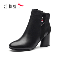 红蜻蜓短靴女冬季加绒保暖女靴牛皮粗跟欧美时尚百搭通勤高跟切尔西靴侧拉链牛皮短筒女靴子