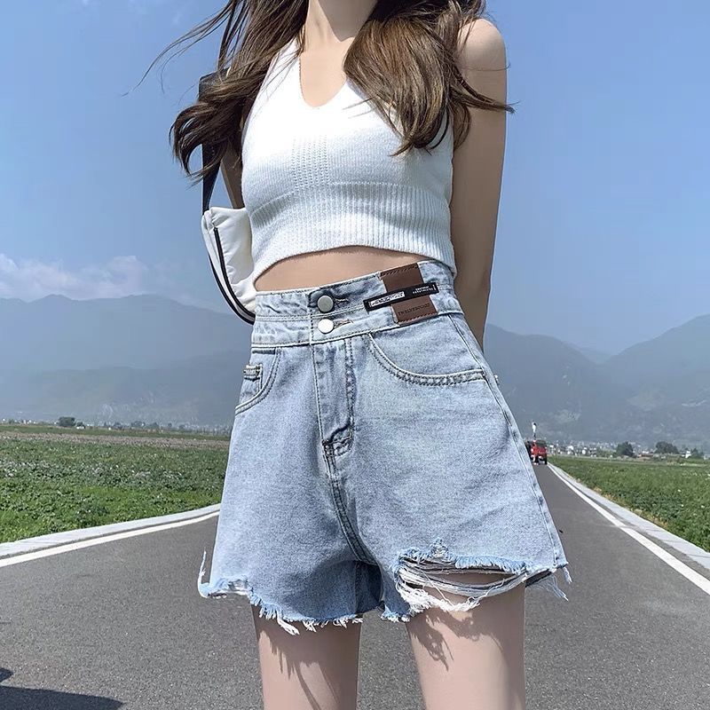 高腰牛仔短裤女2021夏季新款宽松韩版显瘦百搭a字破洞阔腿ins热裤 双扣黑色 XS 建议70-80斤