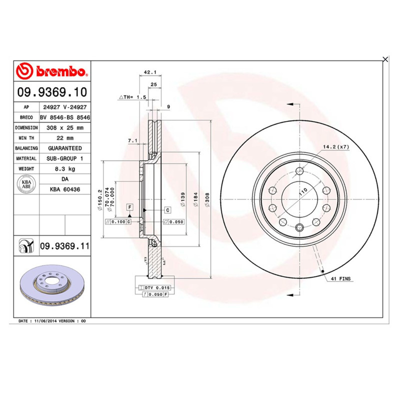 布雷博(brembo)前盘09.9369.11适配13款麦瑞纳/03-06款萨博95(对装)