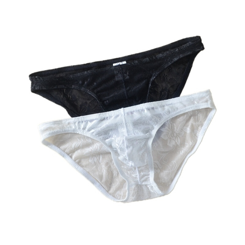 2条男士低腰蕾丝纱透明三角内裤紧身比基尼黑白