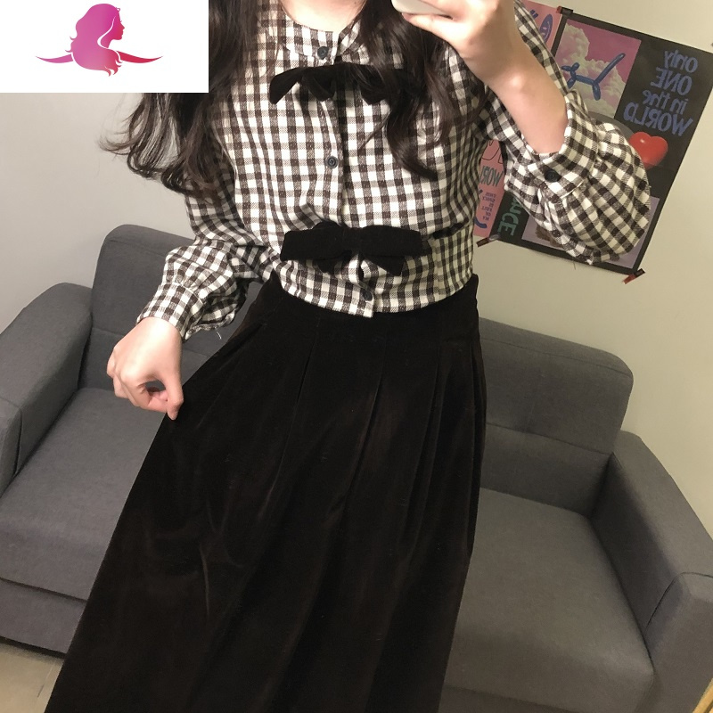 艳如飞法式乖巧女~气质蝴蝶结格子衬衣+丝绒高腰中长款半身裙女衬衫