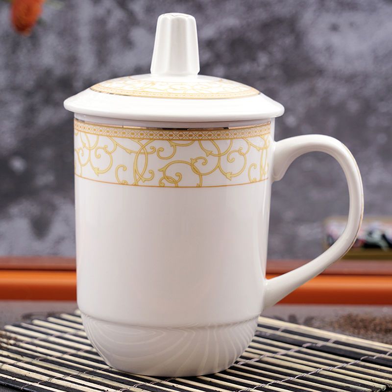 陶瓷带盖茶杯茶具套装马克杯会议杯家用茶碗男泡茶杯喝水杯子刻字 1号纯白杯 1个