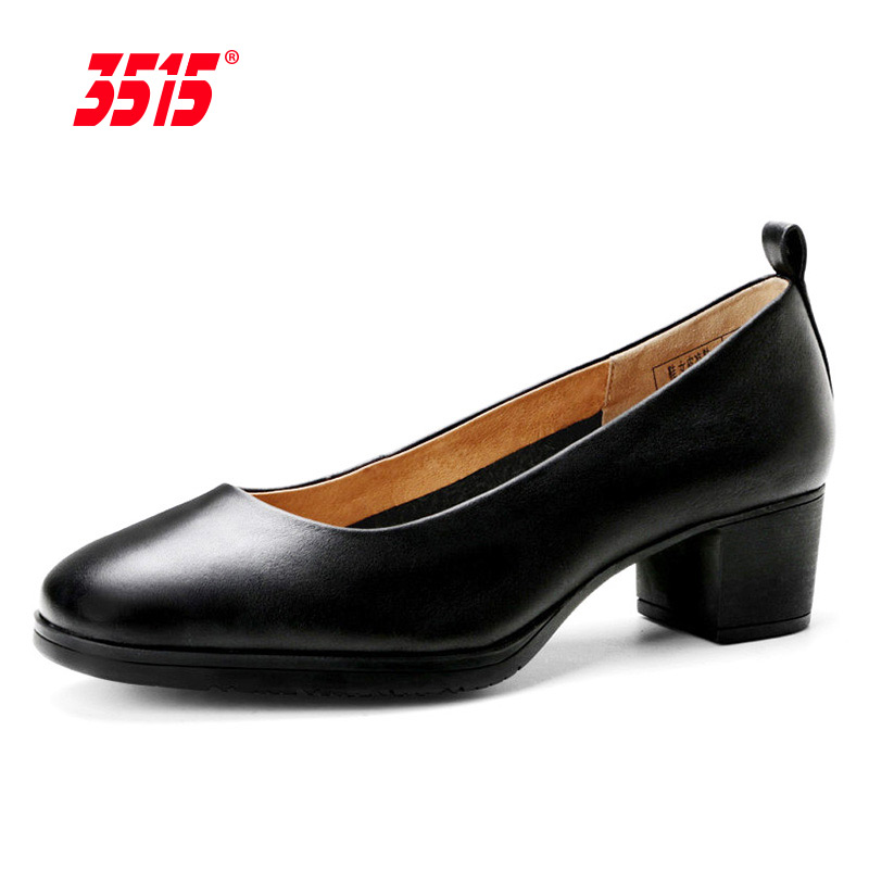 际华3515强人皮鞋春夏季中跟单鞋舒适女鞋尖头高跟鞋黑色工作鞋子