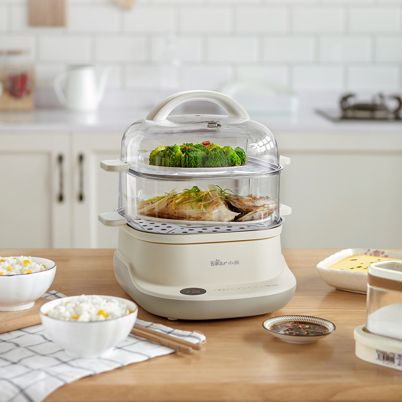 小熊bear多功能电蒸锅小预约定时带蒸笼二层方形整盘6l大容量锅分体式