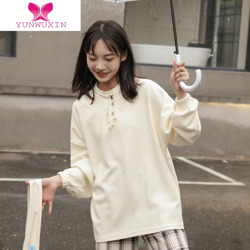 YUNWUXIN杏色圆领抽绳卫衣女宽松bf慵懒风长袖日系2022早秋新款上衣