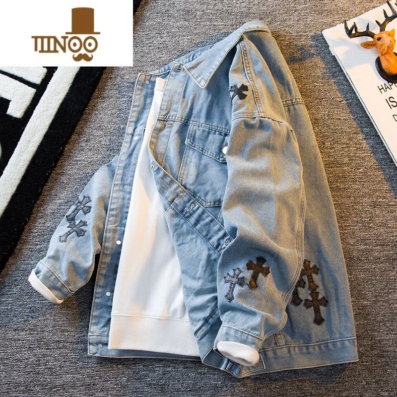 YANXUHPCP欧美高街vintage牛仔外套男潮牌刺绣美式复古夹克上衣图片