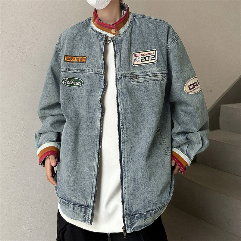 男装潮牌美式复古立领情侣款牛仔外套男春秋季机车赛车服夹克上衣