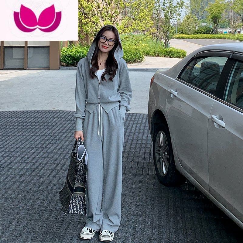 七斓本希benxe 灰色慵懒风运动套装女春季连帽卫衣休闲阔腿裤套图片