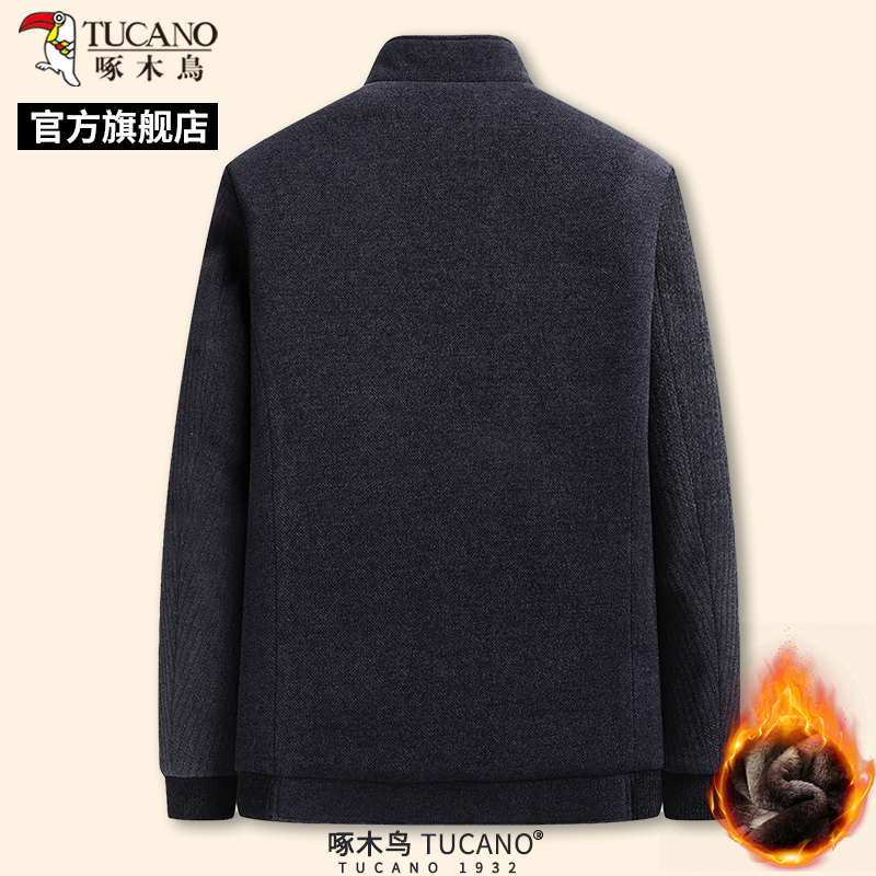 啄木鸟冬季新款男士加绒加厚毛呢大衣中老年爸爸装翻领棉衣外套新高清大图