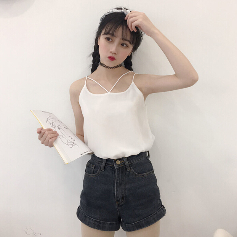 夏装韩版女装白色雪纺衫上衣无袖学生内搭交叉带背心显瘦打底衫白色均码