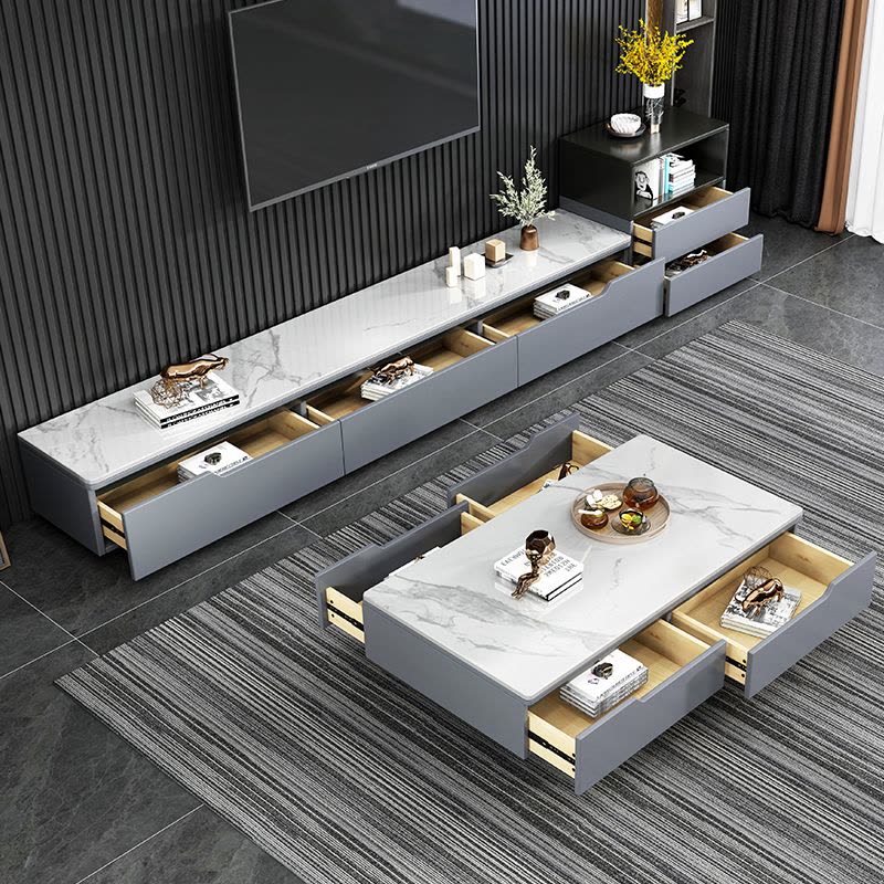 欧梵森 岩板茶几电视柜组合小户型客厅家具轻奢意式风岩板现代简约套装北欧大小户型极简百搭储物柜图片