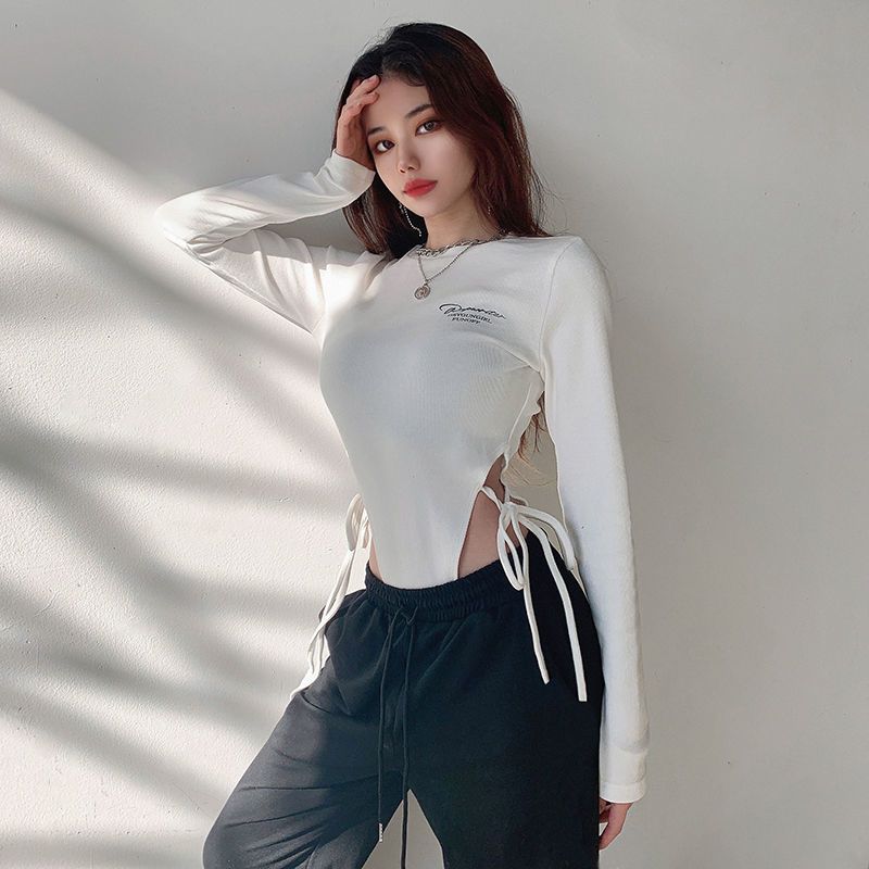 性感高开叉露腰绑绳连体衣女紧身显瘦百搭打底衫字母印花圆领t恤黑色s