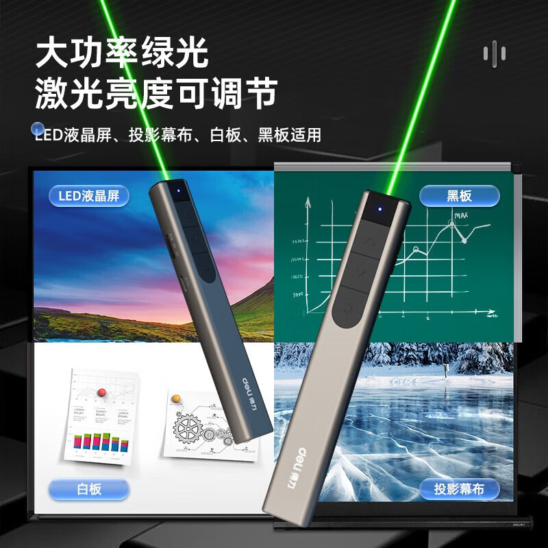 得力(deli)2812激光笔绿光大功率翻页笔适用LED液晶屏幕布银灰色
