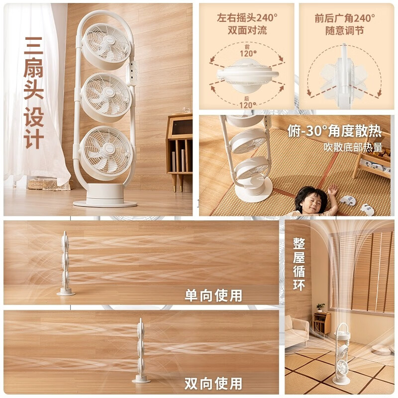 amadana艾曼达5D空气循环扇 C8立式家用静音落地风扇 三扇独立控制遥控+触控摇头电风扇 墨绿色高清大图
