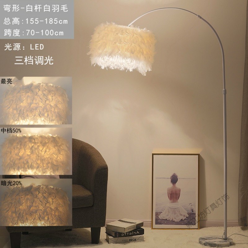 苏宁放心购 羽毛落地灯钓鱼客厅卧室书房创意网红遥控北欧极ins风立式台灯 弯形白杆-9瓦LED三档调光白色羽毛