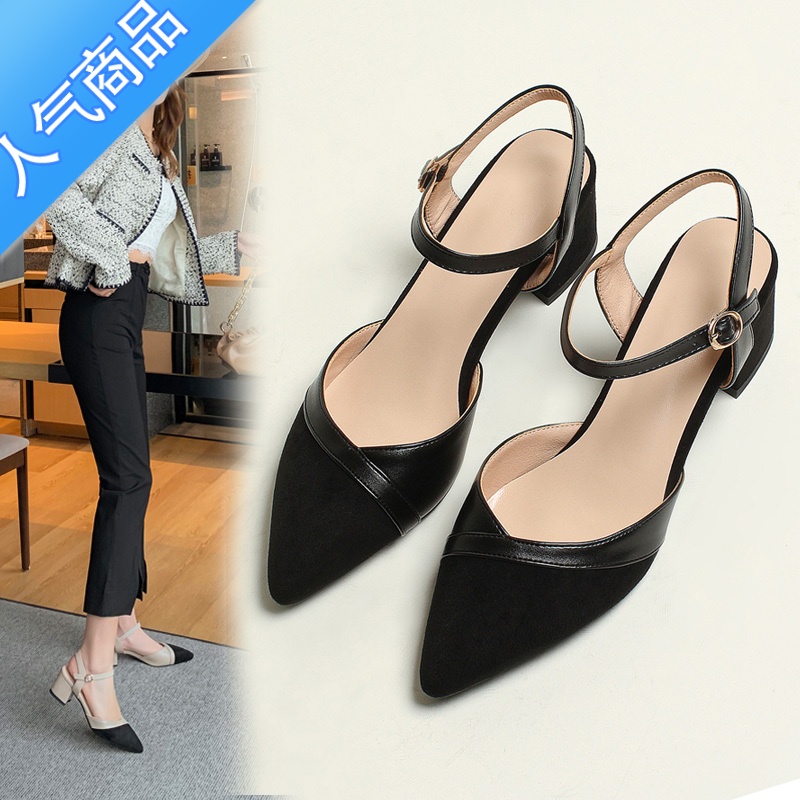 SUNTEK凉鞋2023年新款女休闲粗跟包头中跟尖头玛丽珍鞋大码女鞋4闲NK2高清大图