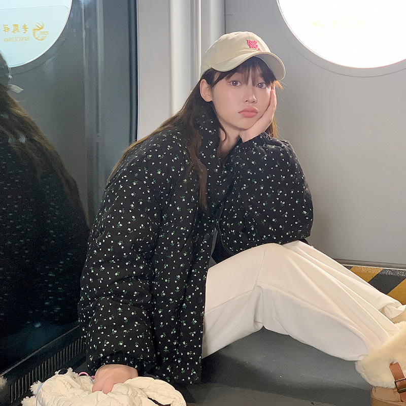 灯芯绒碎花短款棉服女2024新款立领面包服韩系时尚百搭厚棉袄外套 黑色 XL