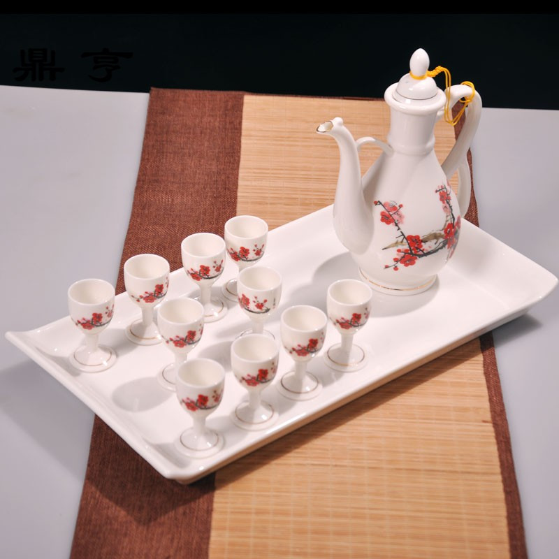 鼎亨酒具套装陶瓷带托盘中式仿古家用分酒壶高脚白酒裂酒杯倒酒器
