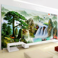 新款印花十字绣客厅风景山水画流水生财福禄寿迎客松十字绣刺绣满绣装束啊中格3股150*63cm棉线